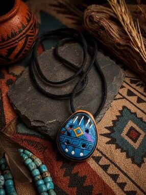Vintage Hand-Painted Southwestern Ceramic Ocarina Whistle Pendant Necklace